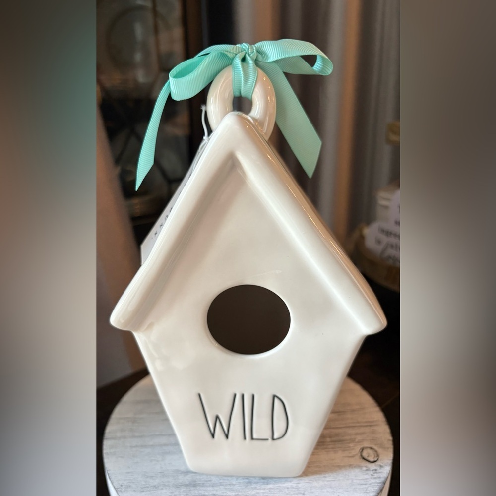 Rae Dunn WILD Ceramic Birdhouse with Teal Ribbon